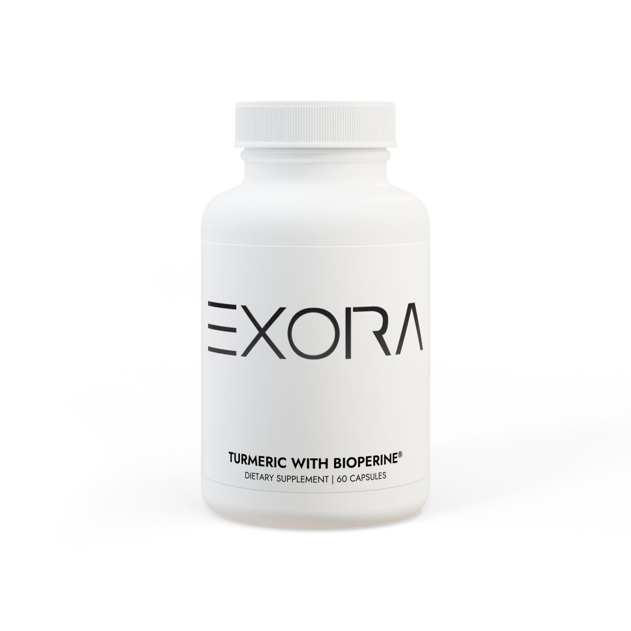 White turmeric supplement bottle labeled 'EXORA' on a white background