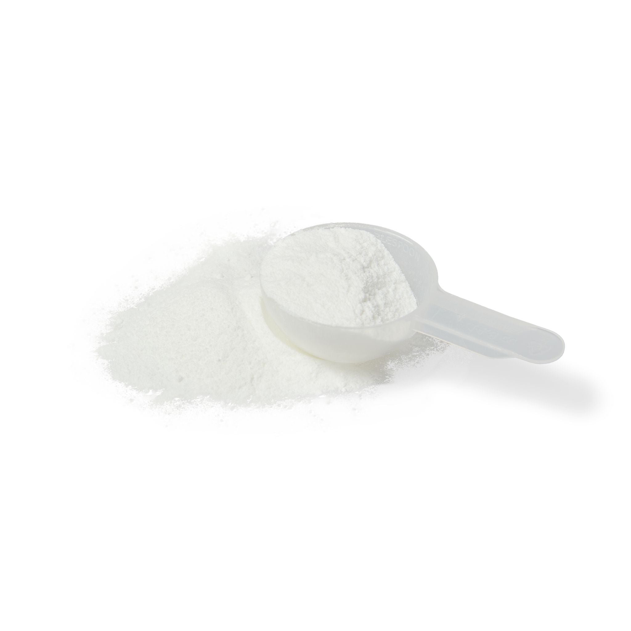 White powder with a scoop on a white background