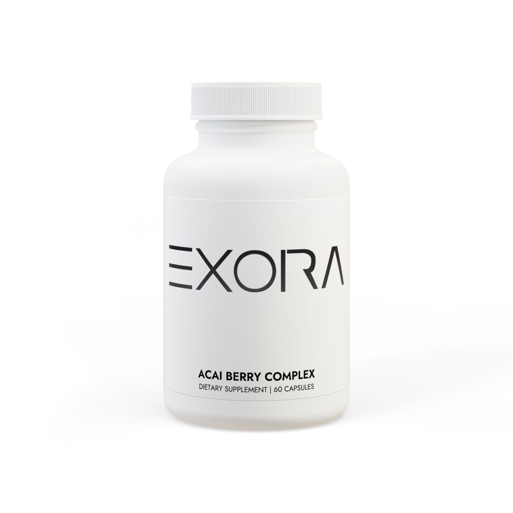 White acai berry complex supplement bottle labeled 'EXORA' on a white background