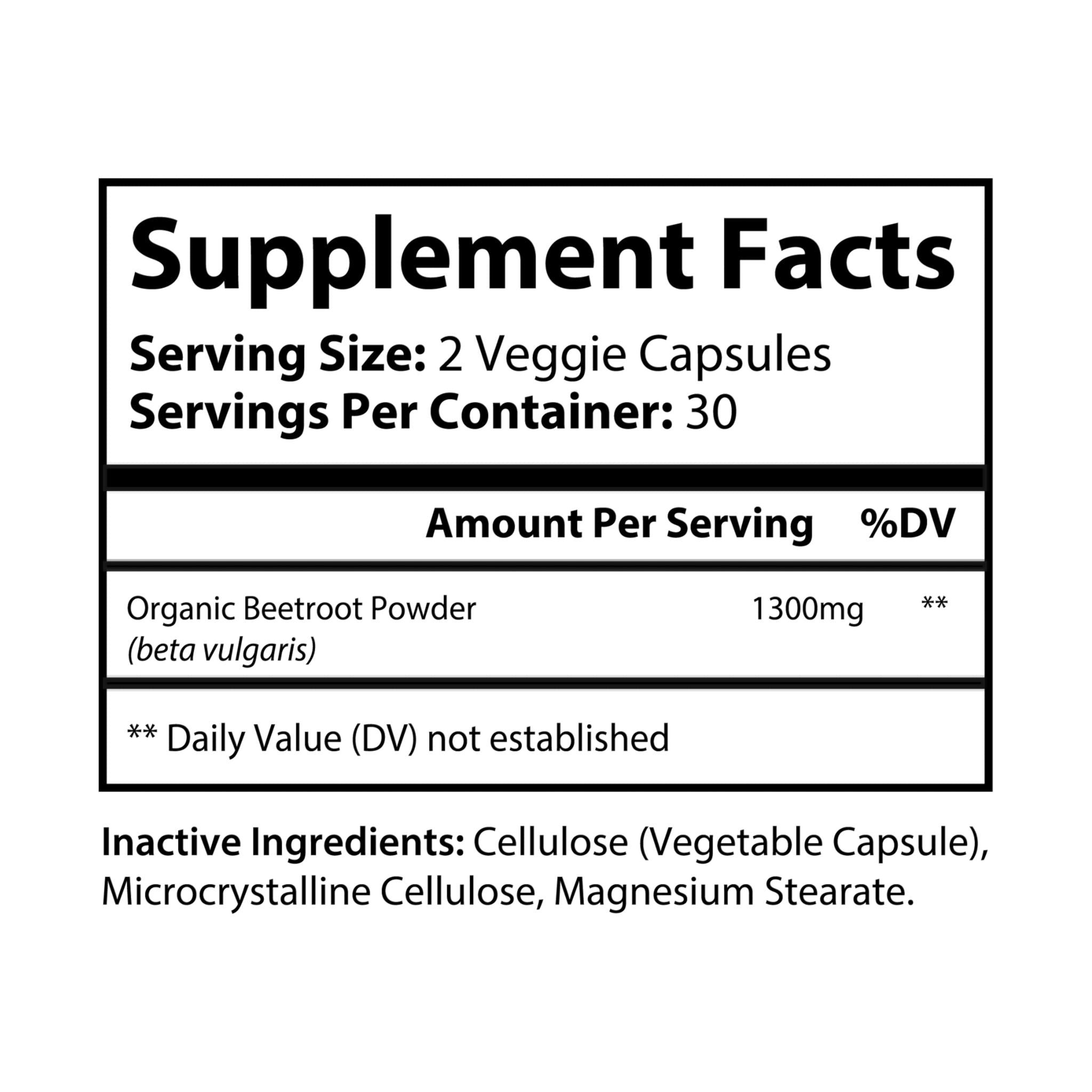 Supplement facts label for organic beetroot powder capsules on a white background